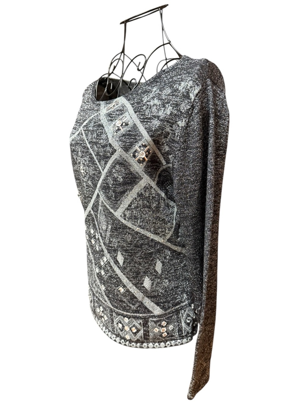 Nancy Bolen City Girl Embellished Metallic Knit Silk Blend Top in Charcoal small - Picture 5 of 8